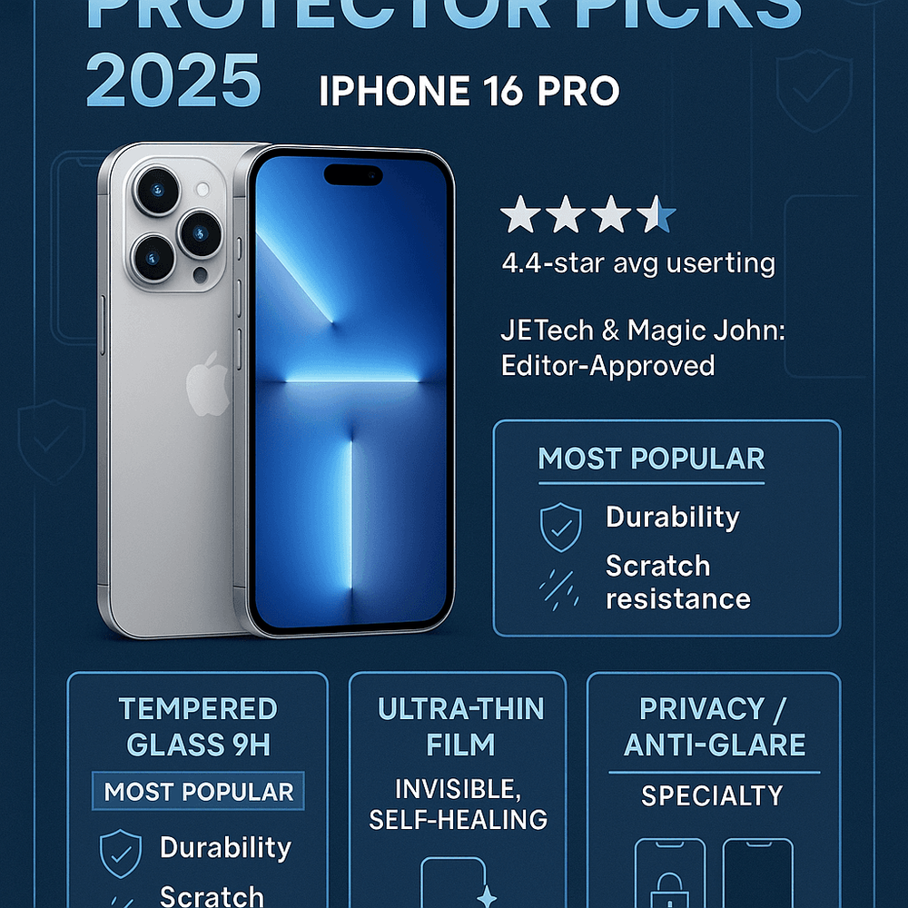 marketing-style graphic displaying statistics and benefits of using a screen protector on an iPhone 16 Pro