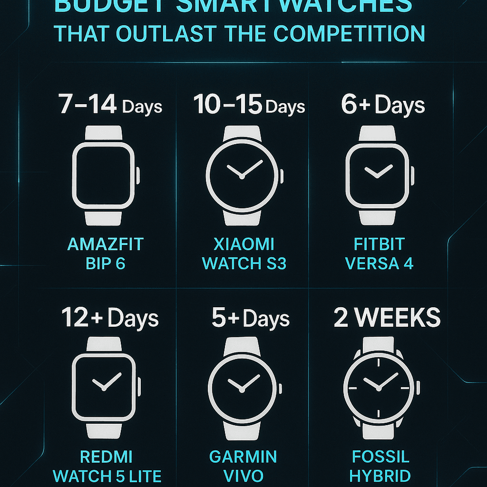 Marketing graphic showing battery life comparison between different smartwatches, featuring battery icons and days of use in a colorful style