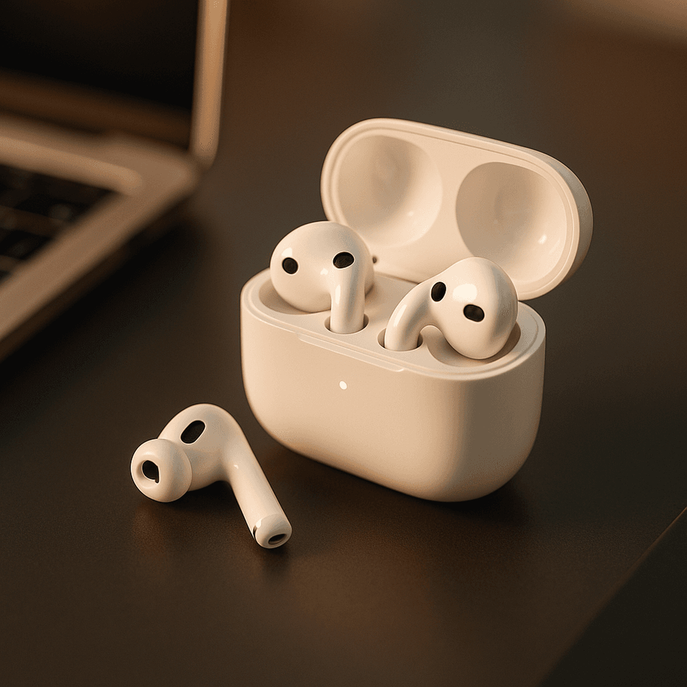 Photo of AirPods 4 resting on a wooden desk next to an iPhone and a cup of coffee, bright natural daylight