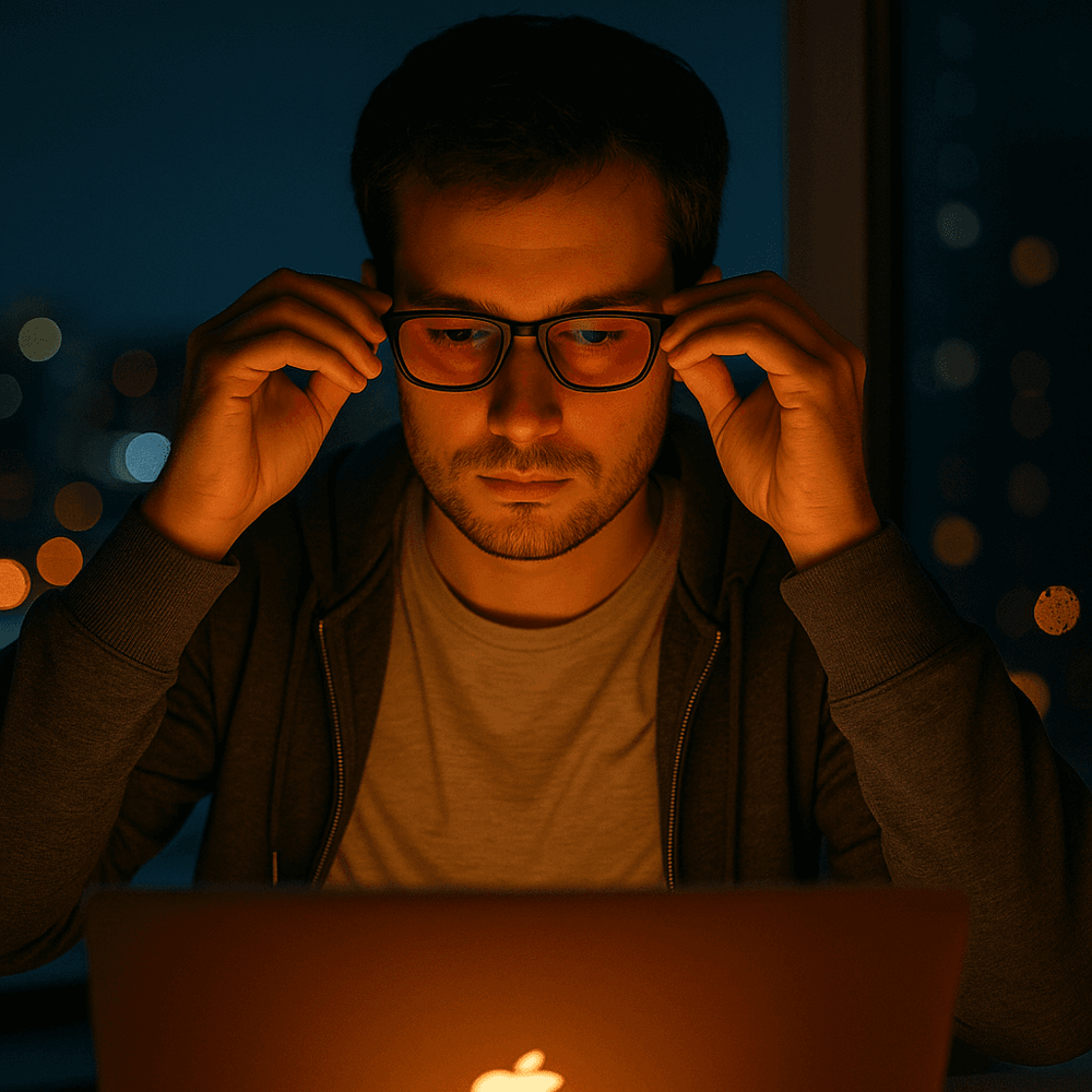 Photo of a person wearing blue light glasses using a laptop late at night, with a warm-lit screen and cozy surroundings