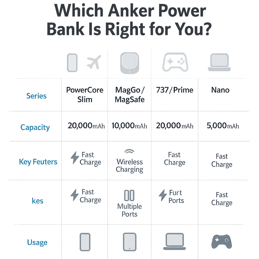 Marketing graphic comparing different Anker portable chargers with capacities and use cases highlighted in a colorful style