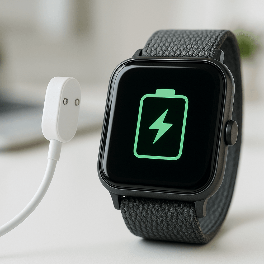 Photo of various smartwatches side by side on a table, each showing different battery levels and notifications, with a casual tech enthusiast testing them