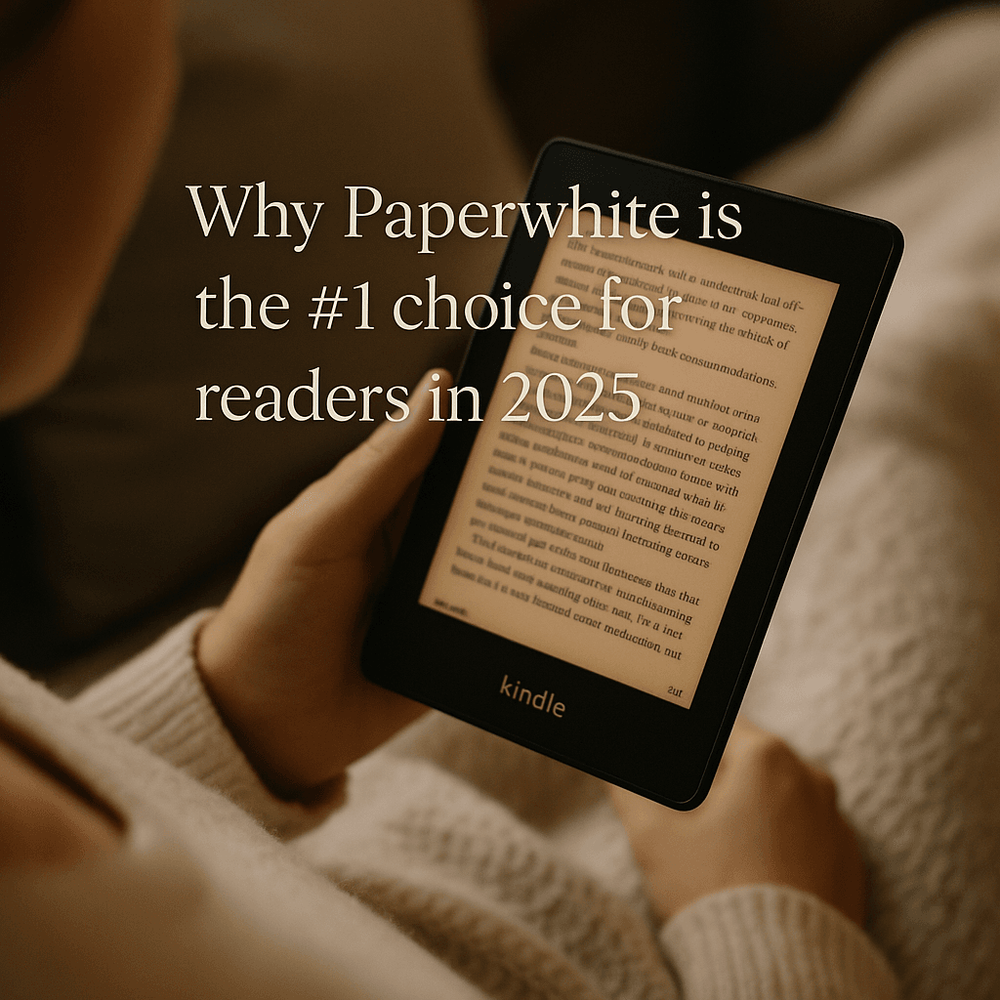 Photo of a person holding a Kindle Paperwhite while reading outdoors in natural light