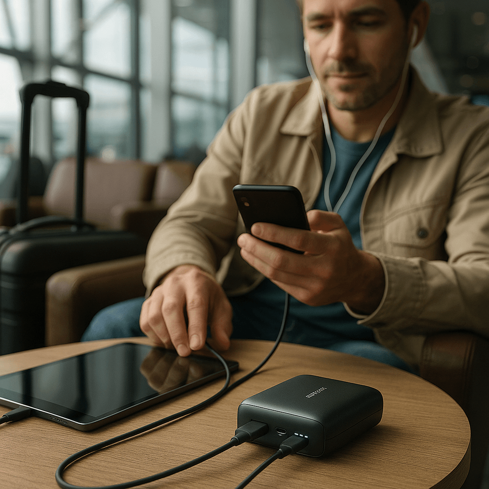 Photo of various Anker portable chargers neatly arranged on a table with a smartphone and charging cables