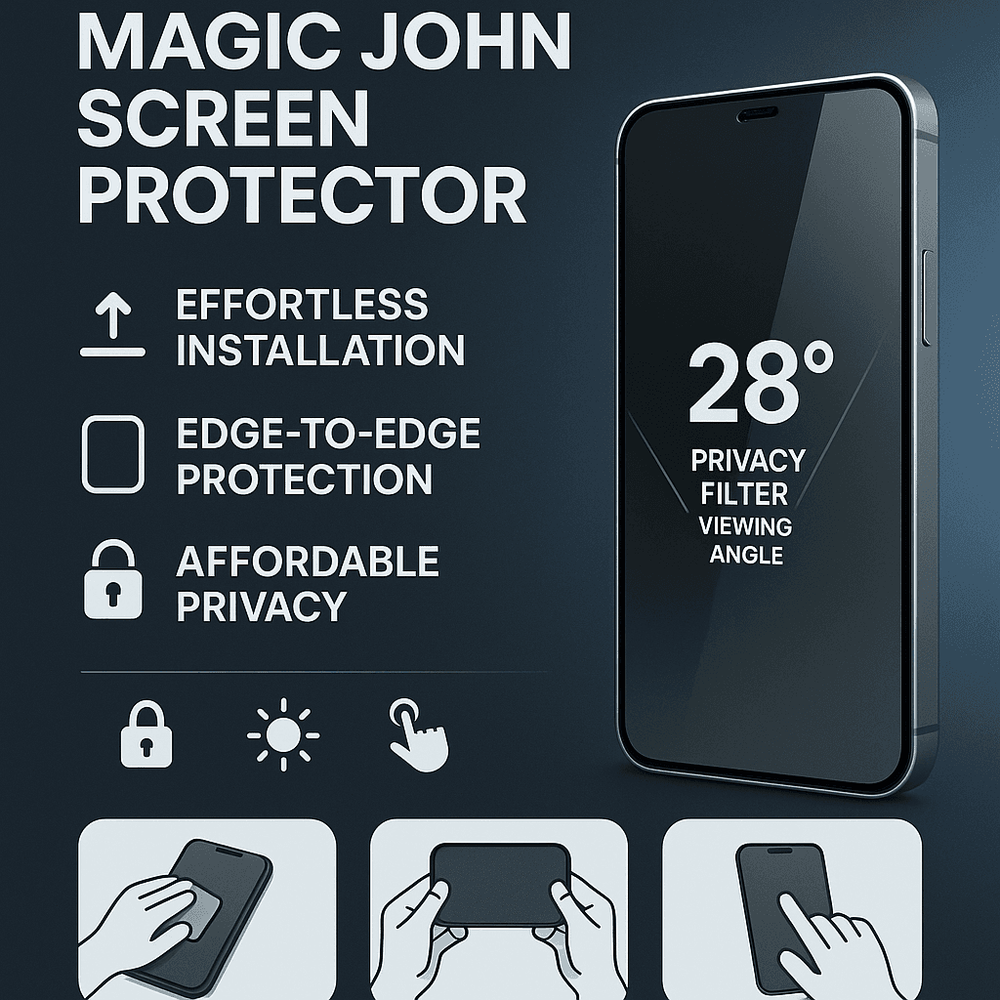 Marketing-style graphic with Magic John screen protector, brief features, and icons for privacy, quick install, and durability