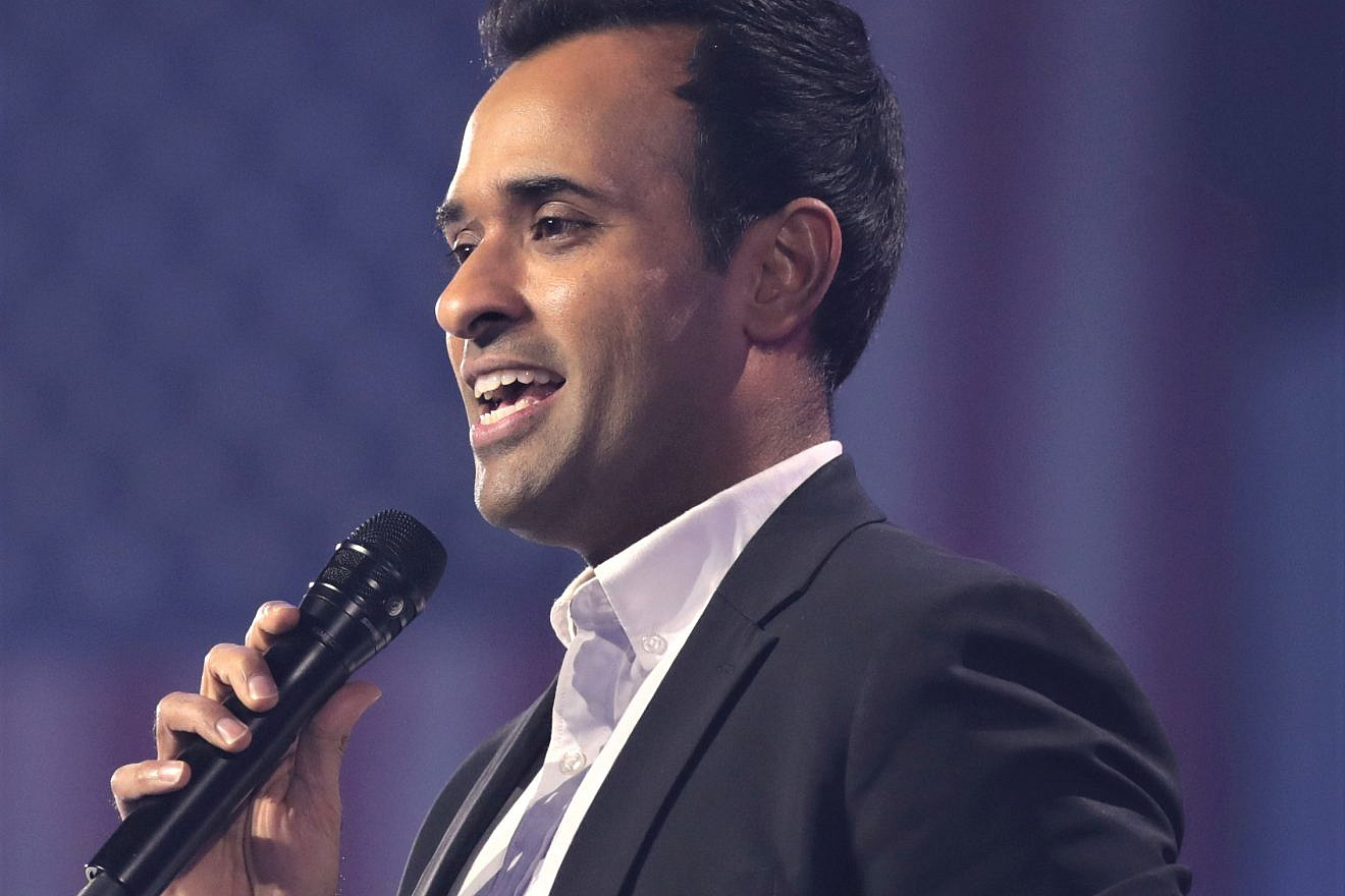 <p>Vivek Ramaswamy speaking with attendees at the 2022 AmericaFest at the Phoenix Convention Center in Arizona in 2022. The entrepreneur and Republican candidate for president said he would support more funding if his “Abraham Accords 2.0” plan doesn’t work. GAGE SKIDMORE VIA WIKIMEDIA COMMONS.</p>