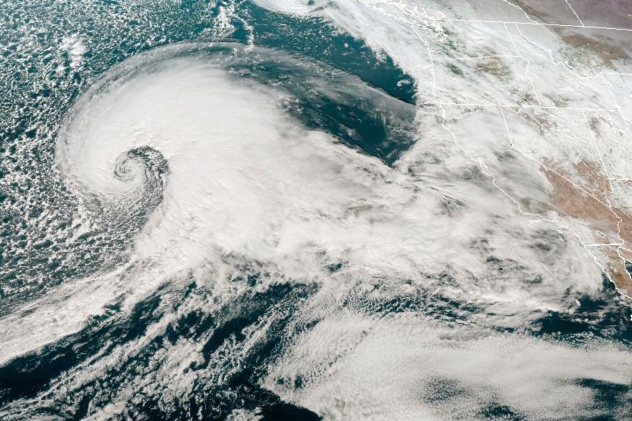 This GOES-West GeoColor satellite image made available by NOAA shows a storm system approaching the U.S. West coast at 4:25 p.m. EST, on Tuesday, Jan. 3, 2023. California is expected to get more rain in the week from Los Angeles to San Francisco. NOAA/ACCUWEATHER