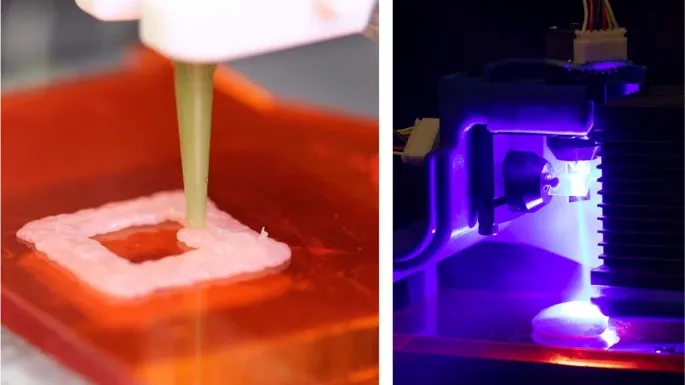 <p>On the left, raw chicken is deposited by a food printer, and on the right, a blue laser beam is directed at a raw sample of chicken. (Jonathan Blutinger/Columbia Engineering)</p>