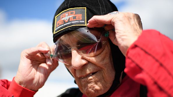 Former paratrooper Ted Pieri checks his goggles before completing a skydive at the Old Sarum airfield on August 10, 2017 in Salisbury, England.  (Photo by Leon Neal/Getty Images)