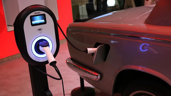 A Vestel electric car charger charges a electric modified vintage Rolls-Royce automobile during a press preview at the IFA (Internationale Funkausstellung) 2022 consumer electronics trade fair on September 01, 2022 in Berlin, Germany. (Photo by Adam Berry/Getty Images)