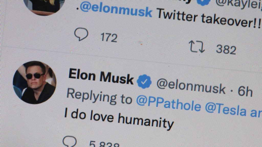 Tweets by Elon Musk are shown on a computer April 25, 2022 in Chicago, Illinois. It was announced today that Twitter has accepted a $44 billion bid from Musk to acquire the company. SCOTT OLSON VIA GETTY IMAGES