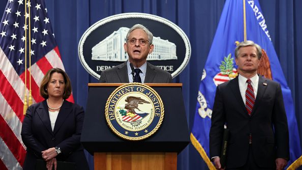 U.S. Attorney General Merrick Garland during a press conference at the U.S. Department of Justice, in Washington, DC, on October 24, 2022. The Justice Department announced it has charged 13 individuals for alleged efforts to unlawfully exert influence in the US. KEVIN DIETSCH/GETTY IMAGES