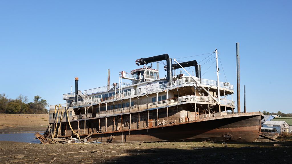 The Diamond Lady, a once majestic riverboat, rests in mud at Riverside Park Marina in Martin Luther King Jr. Riverside Park along the Mississippi River on October 19, 2022 in Memphis, Tennessee. PHOTO BY SCOTT OLSON VIA GETTY IMAGES