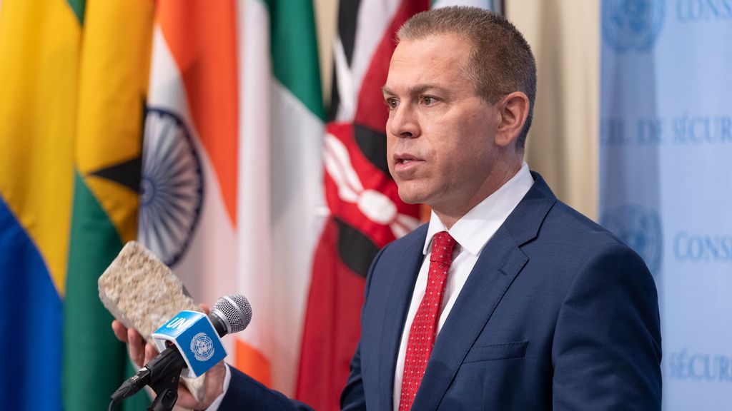 Ambassador Gilad Erdan, Permanent Representative of Israel to the United Nations, speaks at SC (Security Council) stakeout on January 19th, 2022 at the UN Headquarters. Ambassador Erdan also demonstrated a brick he said Palestinians used to throw onto Israelis. LEV RADIN/PACIFIC PRESS/LIGHT ROCKET VIA GETTY IMAGES