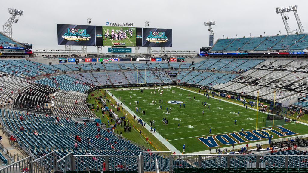 A general view before the start of a game between the Georgia Bulldogs and the Florida Gators at TIAA Bank Field on October 29, 2022, in Jacksonville, Florida. An alleged antisemitic incident occurred in the crowd after the game. JAMES GILBERT/GETTY IMAGES 