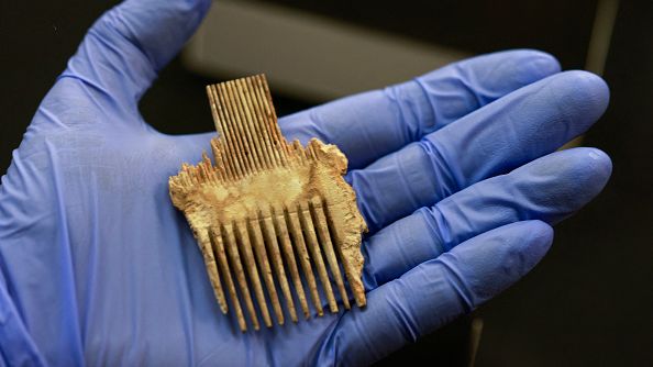 An archaeologist at the Israel Antiquities Authority (IAA) shows a lice comb from the Bar Kochba Jewish revolt period, excavated from an area in the Judean Desert, in Jerusalem, on March 16, 2021. Israel described the find as one of the most significant since the Dead Sea Scrolls. MENAHEM KAHANA/AFP VIA GETTY IMAGES