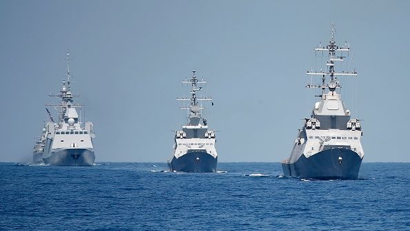 Two Israeli Sa'ar 5 class corvette (C-R) during an exercise in the Mediterranean Sea on August 7, 2019. Sailors from France, Greece and the United States arrived on their vessels and were joined by the Israelis. JACK GUEZ/AFP VIA GETTY IMAGES