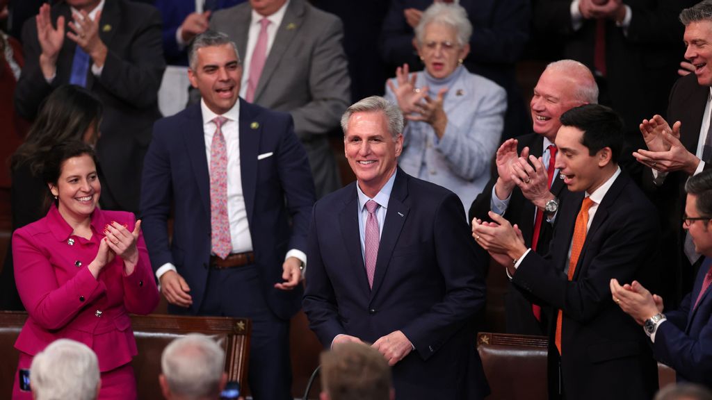 Republican members-elect celebrate as House Republican Leader Kevin McCarthy (R-CA) is elected Speaker of the House in the House Chamber at the U.S. Capitol Building on January 07, 2023 in Washington, DC. After four days of voting and 15 ballots McCarthy secured enough votes to become Speaker of the House for the 118th Congress. WIN MCNAMEE/BENZINGA