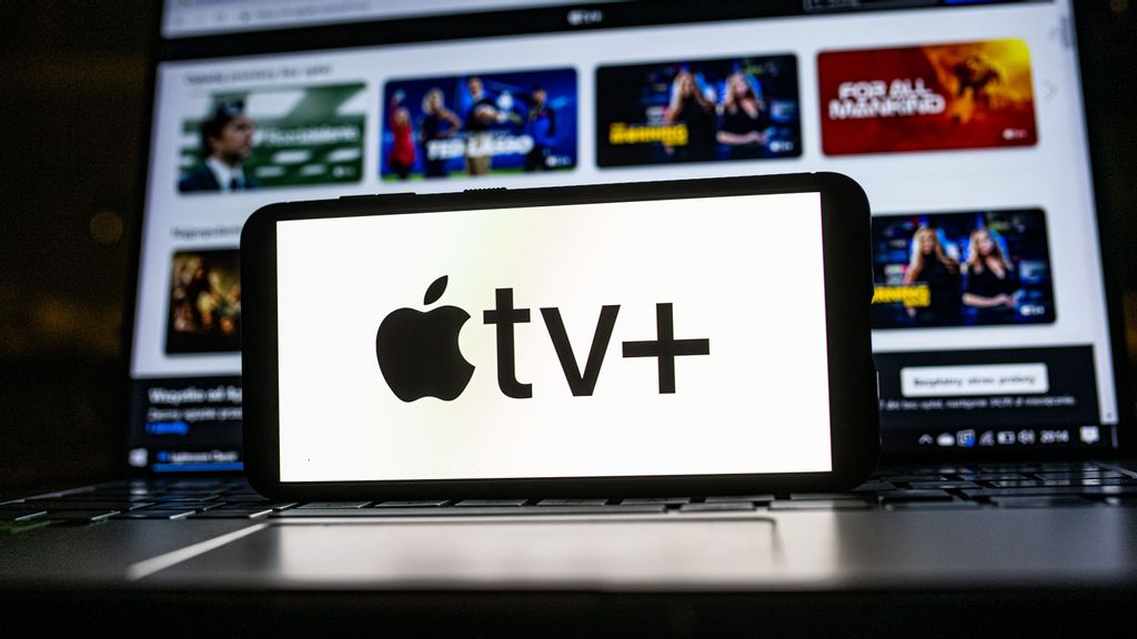 In this photo illustration an Apple TV+ logo seen displayed on a smartphone. Ted Lasso was the most watched show in March. MATEUSZ SLODKOWSKI/BENZINGA