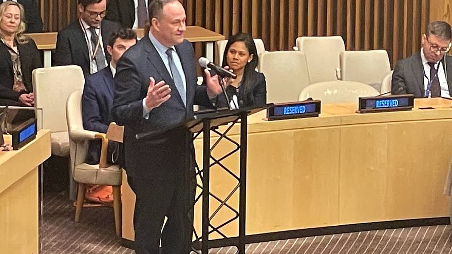 <p>Second Gentleman Doug Emhoff addresses a U.N. event on antisemitism on Feb. 9, 2023 in New York City. Emhoff addressed the concerns of the rise antisemitism around the world. COURTESY/JNS</p>