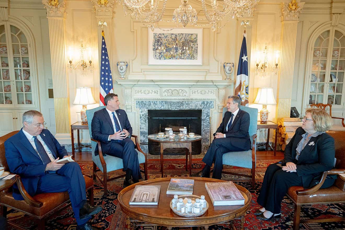 <p>U.S. Secretary of State Antony Blinken meets with Israeli Minister for Strategic Affairs Ron Dermer at the U.S. Department of State in Washington, D.C., on August 17, 2023. FREDDIE EVERETT/U.S. STATE DEPARTMENT.</p>