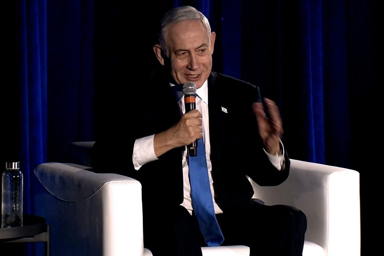 <p>Israeli Prime Minister Benjamin Netanyahu during a live-streamed conversation with tech entrepreneur Elon Musk in California. In meeting with Musk, Netanyahu calls for end to antisemitic bot ‘armies’. JNS VIA TWITTER</p>