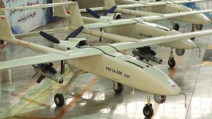 <p>Iranian Qods Mohajer-6 Unmanned Aerial Vehicles (drones) parked in a military hangar</p>