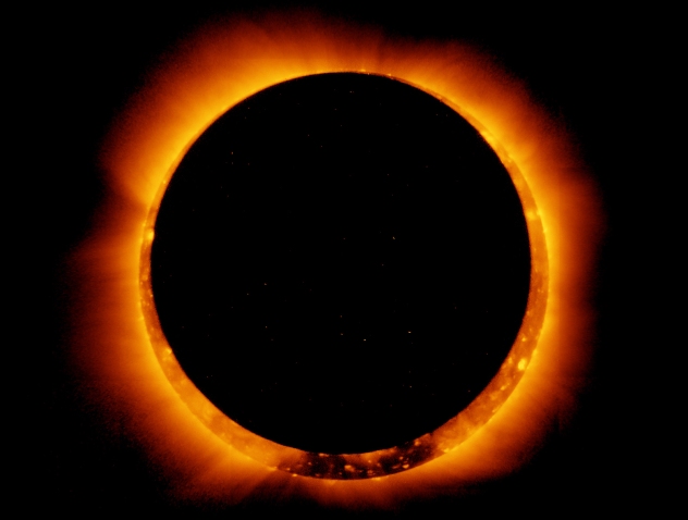 The moon passing in front of the sun during an annular solar eclipse on Jan. 4, 2011. (NASA/Hinode/XRT)