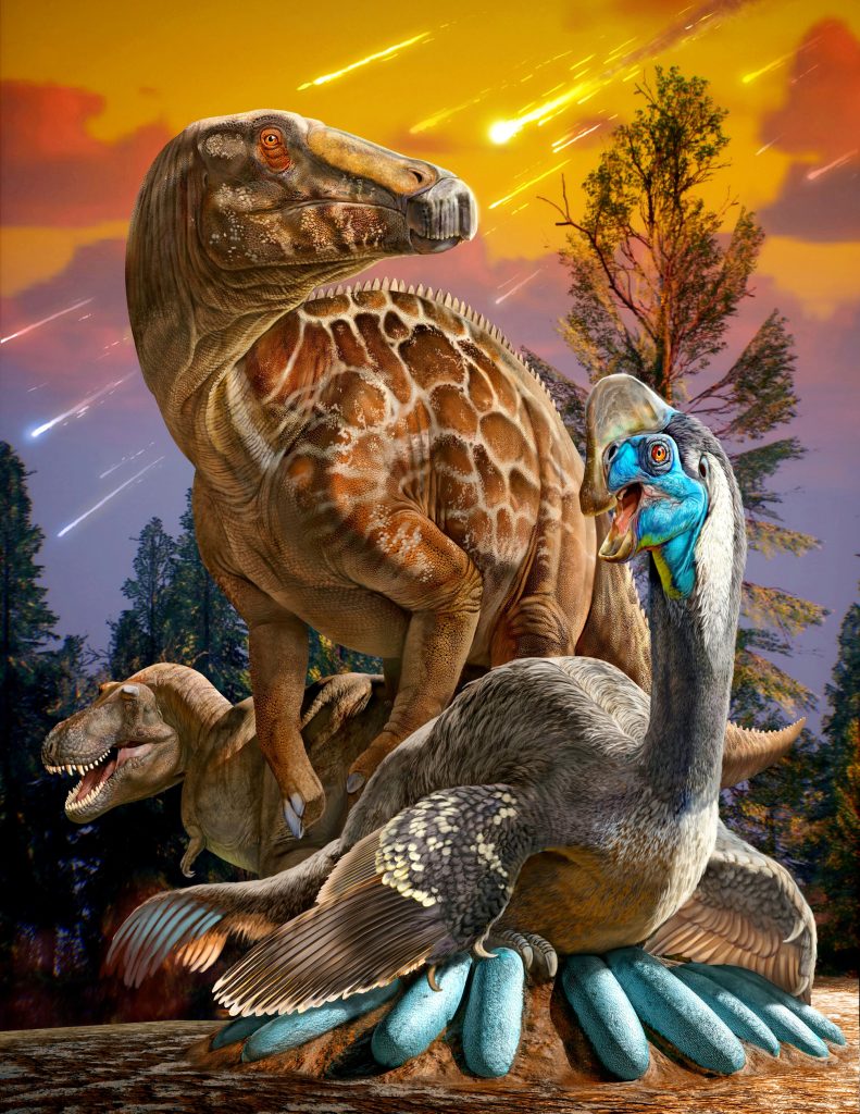 Artist’s depiction of Late Cretaceous oviraptorosaurs, hadrosaurs, and tyrannosaurs living in what is now central China. (IVPP via SWNS)