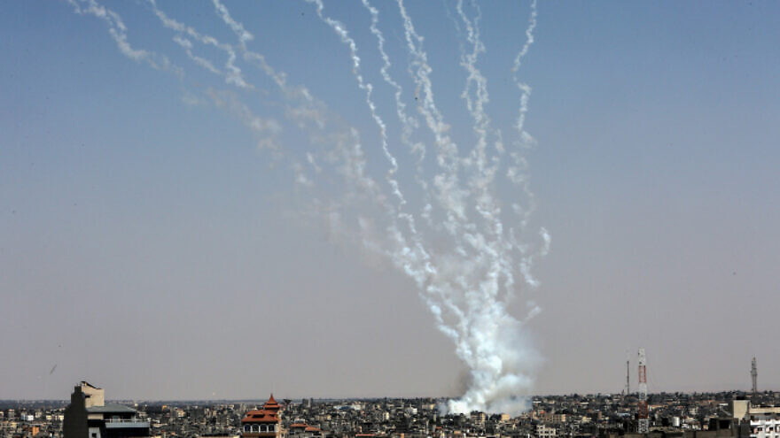 Rockets are fired toward Israel from Rafah, in the Gaza Strip, on August 7, 2022. Photo by Abed Rahim Khatib/Flash90 
