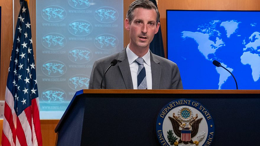 <p>U.S. State Department spokesperson Ned Price briefs reporters during a press briefing in Washington, D.C., on May 11, 2021. Price on Tuesday failed to push back on a reporter’s accusation that Israel was perpetrating “war crimes” against the Palestinians. RON PRZYSUCHA/JNS</p>