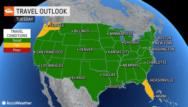 The travel outlook for Tuesday, Nov. 22. Good weather was expirenced across the country in the build-up to the Thanksgiving Holiday. Accuweather.