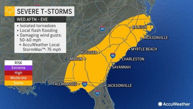 Severe thunderstorms shown on a map of the American south. Severe thunderstorms are expected in several regions.