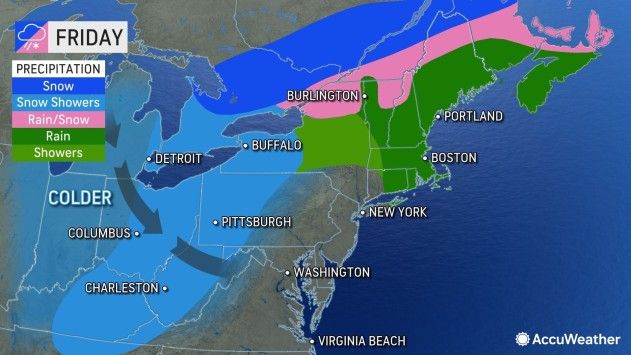 Snow showers could make some roads slippery around Chicago and Indianapolis Thursday night and Friday. During the same time, snow showers are likely to extend well to the south to portions of eastern Kentucky and the mountains in eastern Tennessee and western North Carolina, forecasters say. COURTESY/ACCUWEATHER