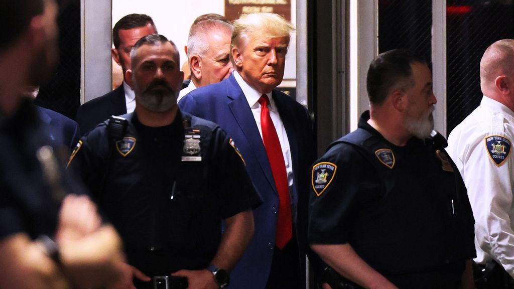 Former U.S. President Donald Trump arrives for his arraignment at Manhattan Criminal Court on April 04, 2023 in New York City. Several legal and political counselors have informed Trump about their expectations of another impending indictment.  PHOTO BY MICHAEL M. SANTIAGO/GETTY IMAGES