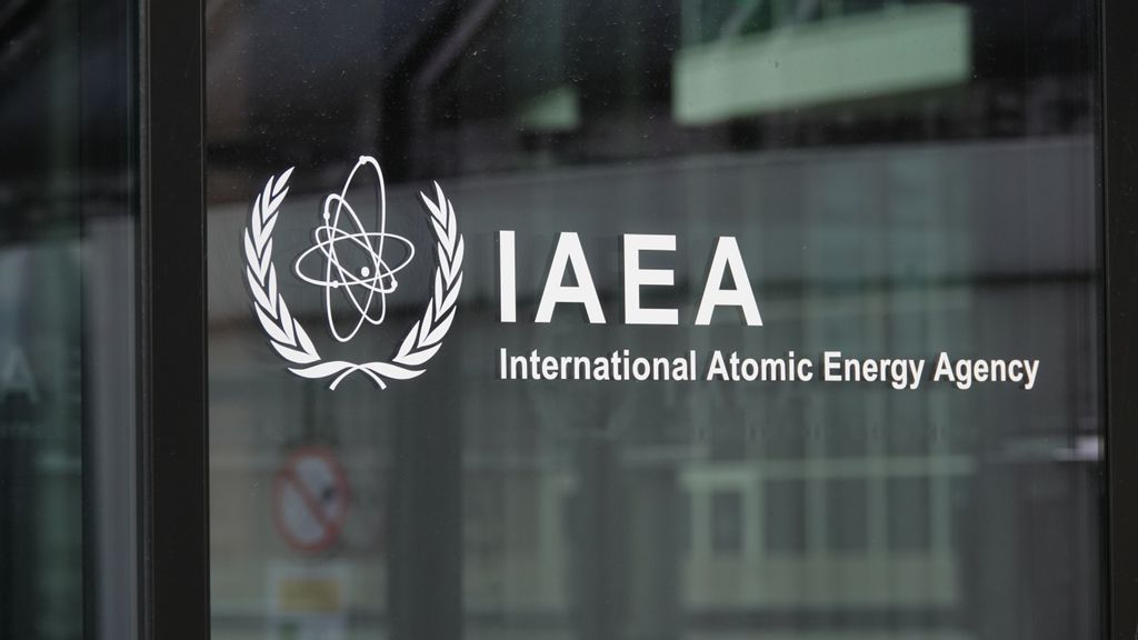 This photo taken on May 15, 2023 shows the logo of the International Atomic Energy Agency IAEA at the IAEA headquarters in Vienna, Austria. Recent confidential reports from the International Atomic Energy Agency released this week show that the U.N. watchdog has closed two investigations into Iranian nuclear sites. PHOTO BY LIU XINYU/GETTY IMAGES