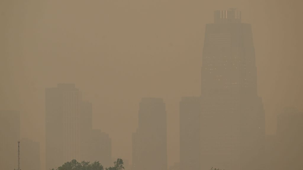 The Downtown Manhattan skyline stands shrouded in a reddish haze as a result of Canadian wildfires on June 06, 2023, in New York City. Over 100 wildfires are burning in the Canadian province of Nova Scotia and Quebec resulting in air quality health alerts for the Adirondacks, Eastern Lake Ontario, Central New York and Western New York. LOKMAN VURAL ELIBOL/ACCUWEATHER