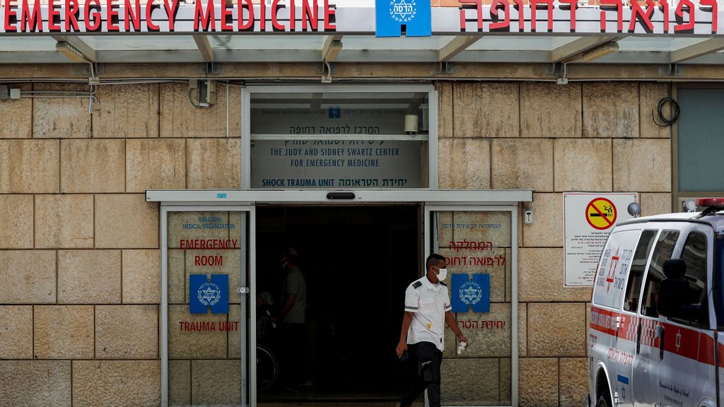 A view of the entrance of the shock and trauma unit at the emergency medicine center of Israeli Hadassah University Hospital Ein Kerem in Jerusalem in 2020.  A 12-year-old boy was airlifted to the medical center from the Jordan Valley, for the life saving surgery in which the doctors estimated his chances of survival to be 50-50.AHMAD GHARABLI/AFP VIA GETTY IMAGES.