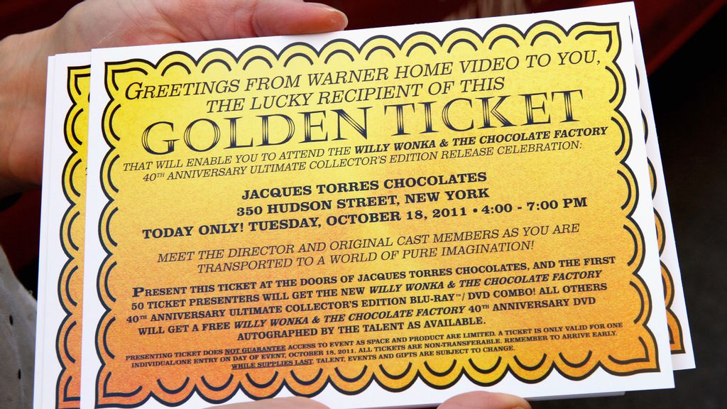  Oompa Loompas hands out Golden Tickets for the 40th Anniversary of Willy Wonka & The Chocolate Factory event on October 18, 2011 in New York City. A Willy Wonka superfan's £150,000 ($192,543) world of pure imagination includes exclusive merchandise from the new movie ahead of its release.(PHOTO BY CINDY ORD/GETTY IMAGES 