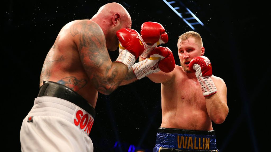 Otto Wallin punches Kamil Sokolowski during the Heavyweight fight between the two in 2022 in Cardiff, Wales. Otto Wallin  secured a twelve round split decision win over Murat Gassiev in the heavyweight championship. HUW FAIRCLOUGH/GETTY IMAGES.