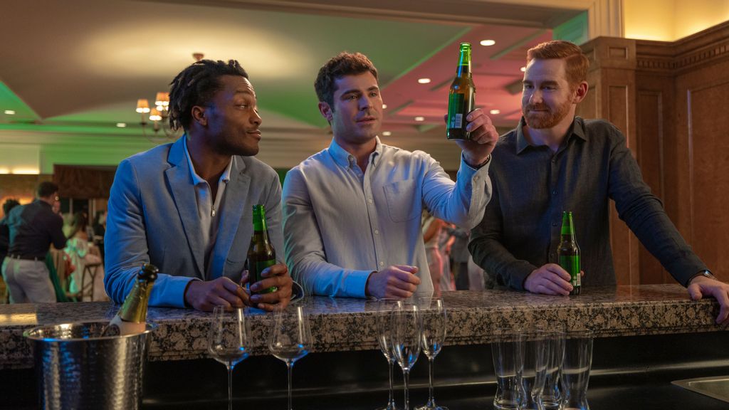       Jermaine Fowler, Zac Efron, and Andrew Santino in the film “Ricky Stanicky”. The film is about three friends who use Ricky Stanicky as an alibi for their behavior. (AMAZON STUDIOS/EPK) 