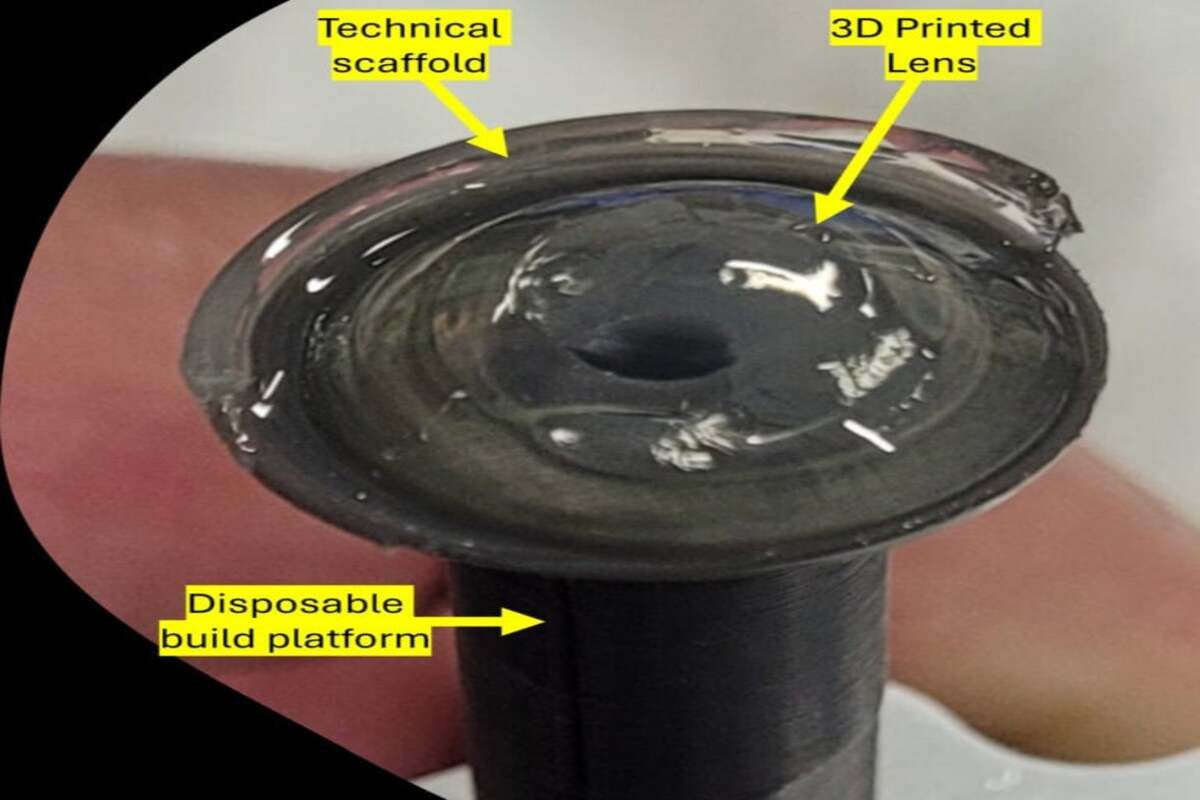 Closeup of a 3D-printed contact lens. LENSY MEDICAL