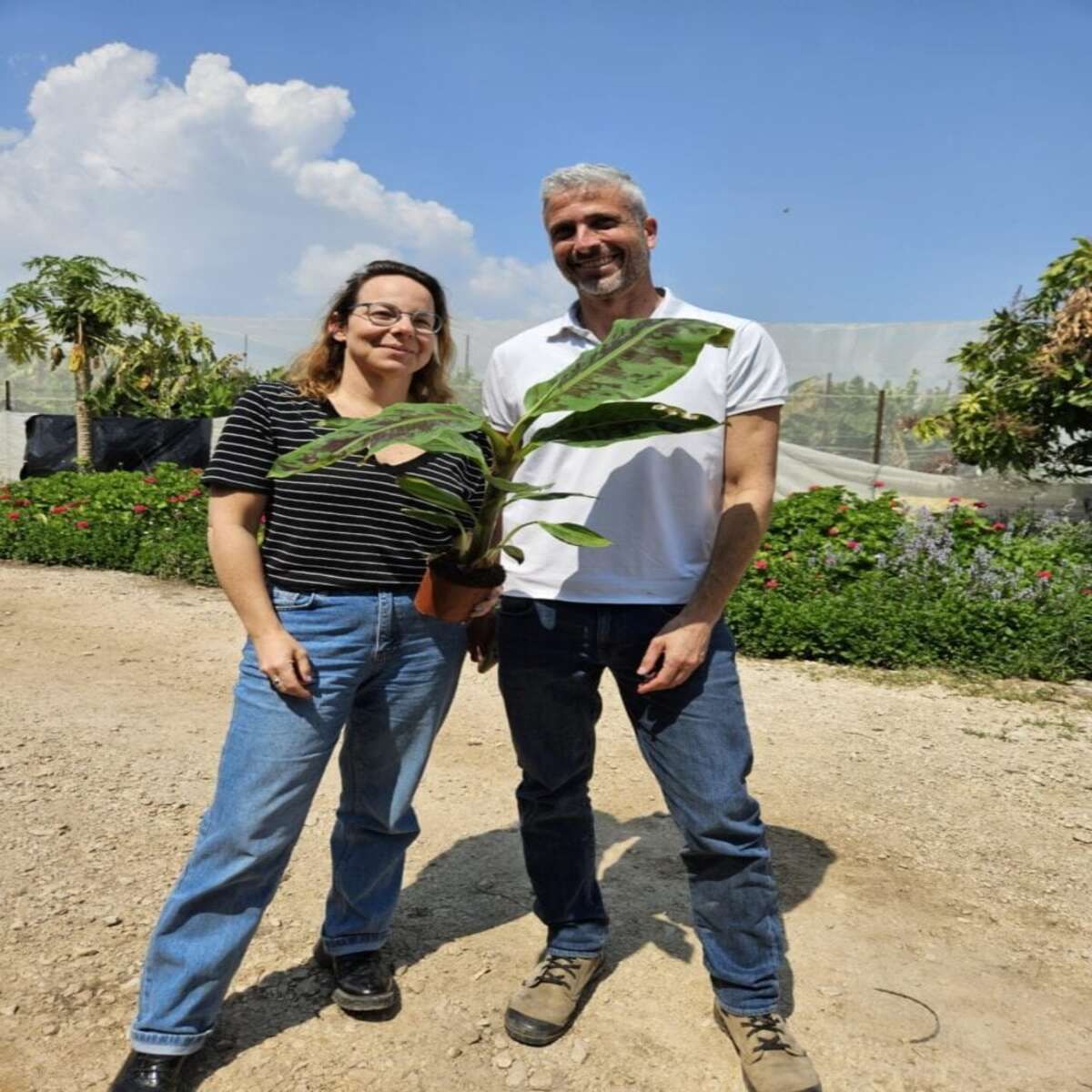 Day 8 cofounders Daniel Rejzner and Dana Marom holding a banana leaf. COURTESY DAY 8