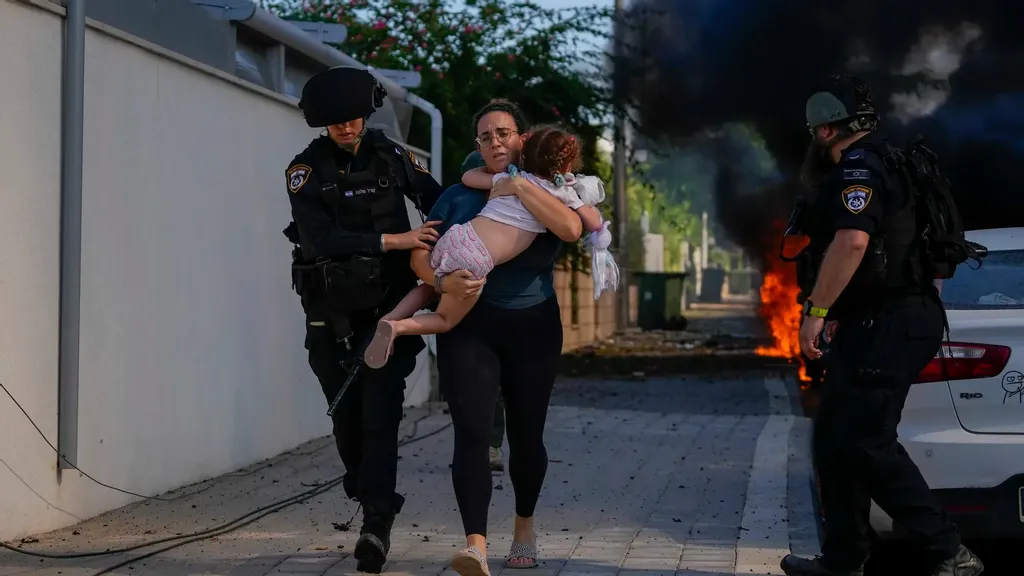 <div class=caption-wrap>
<div class=caption aria-label=Image caption>A file photo of Israeli police officers evacuating a woman and a child from a site hit by a rocket fired from the Gaza Strip in Ashkelon. Israel’s anti-missile system, the Iron Dome, intercepted missiles fired from Lebanon on September 21, 2024. TSAFRIR ABAYOV.</div>
</div>