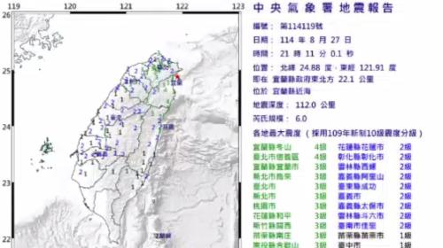 昨暝21:11宜蘭規模6.0地動 臺北震度上大4級