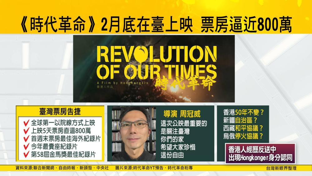 紀錄片時代革命票房800萬 數念香港守台灣
