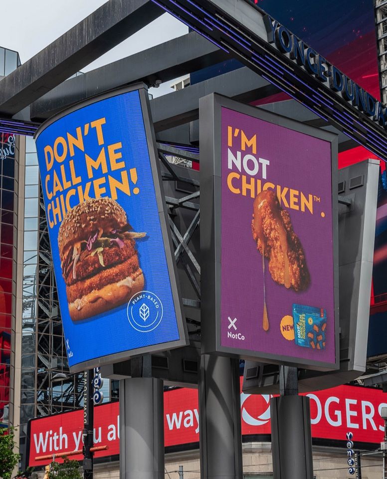 NotChicken Dundas Square ad saying "Don't call me chicken"