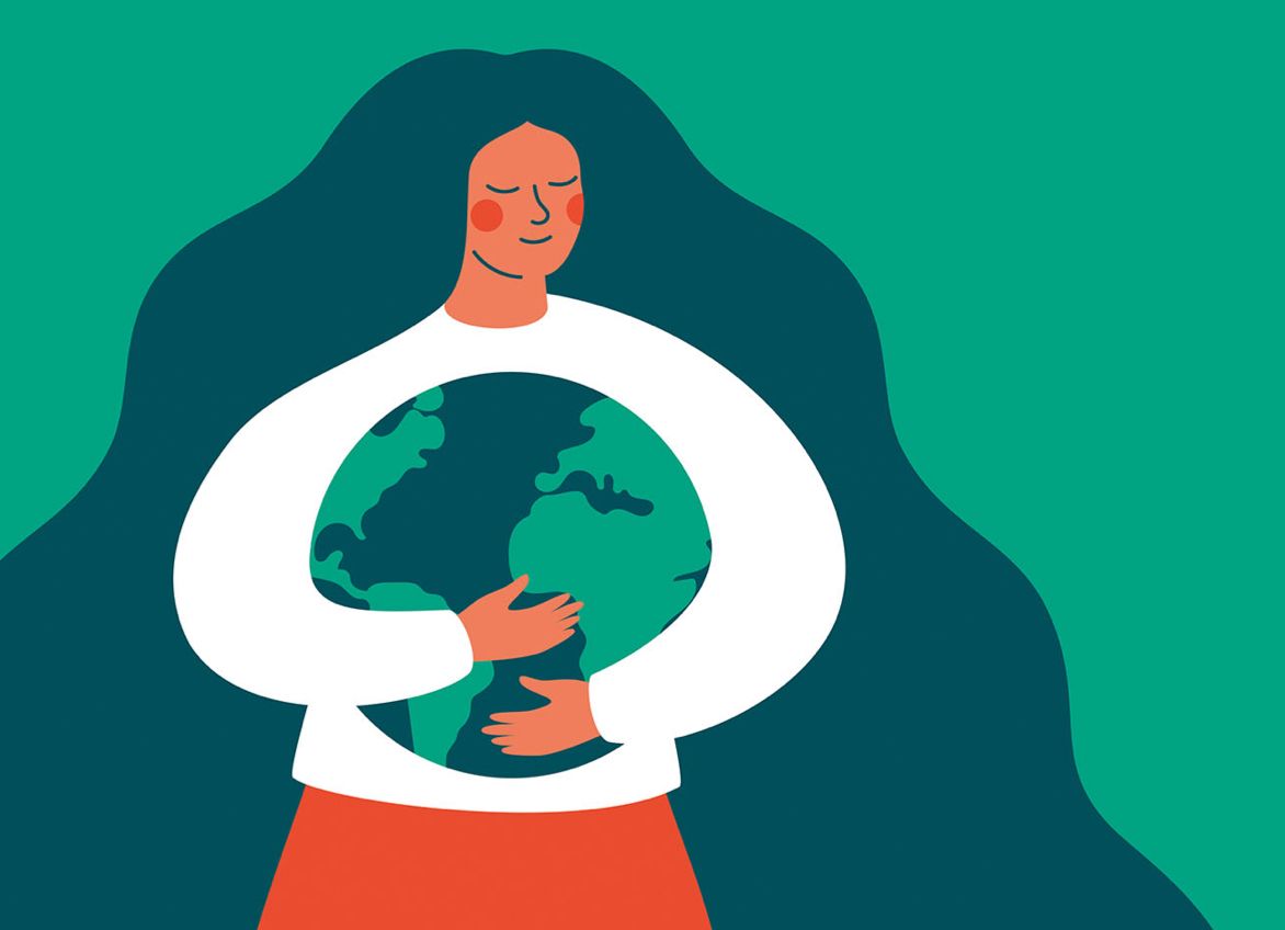 illustration of woman hugging planet Earth