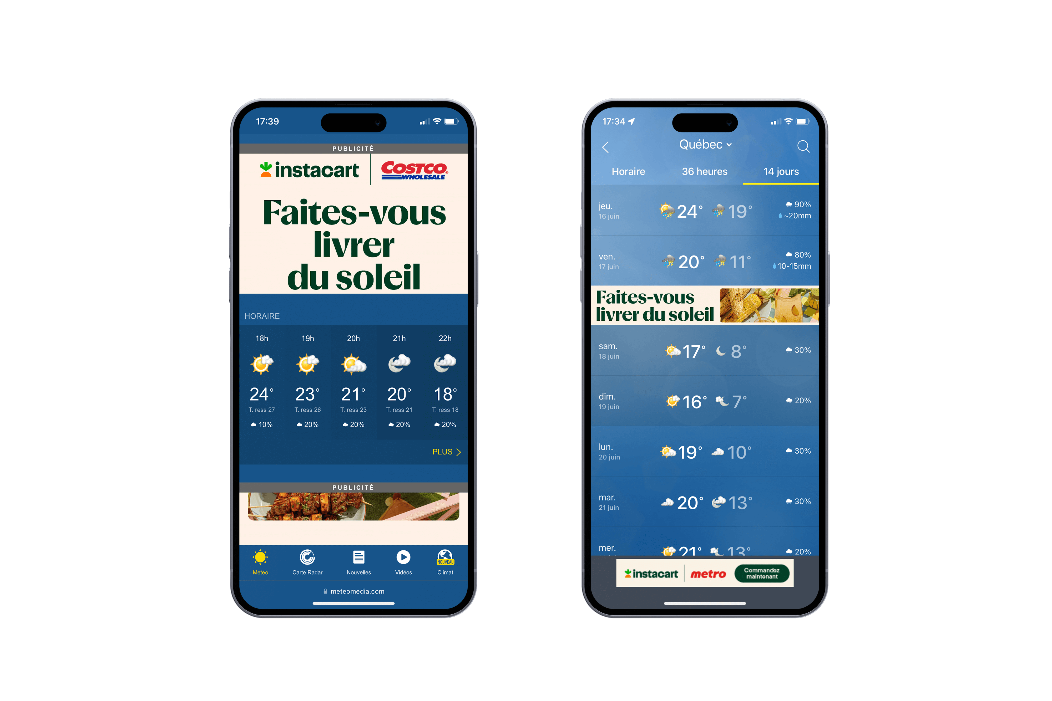 Two mobile devices showing contextual in-app banners in the MeteoMedia weather app for the Instacart campaign