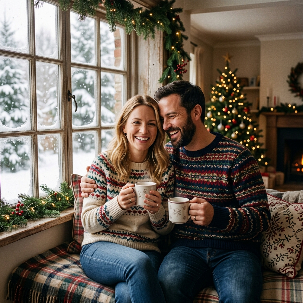 couple in fair-isle sweaters different colorways the classic christmas card build